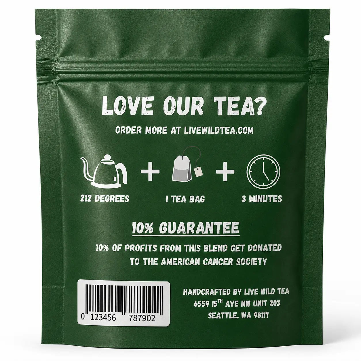 Back of Live Wild Tea Afternoon Push green tea energy blend pouch showing brewing instructions, ingredients, and product information.