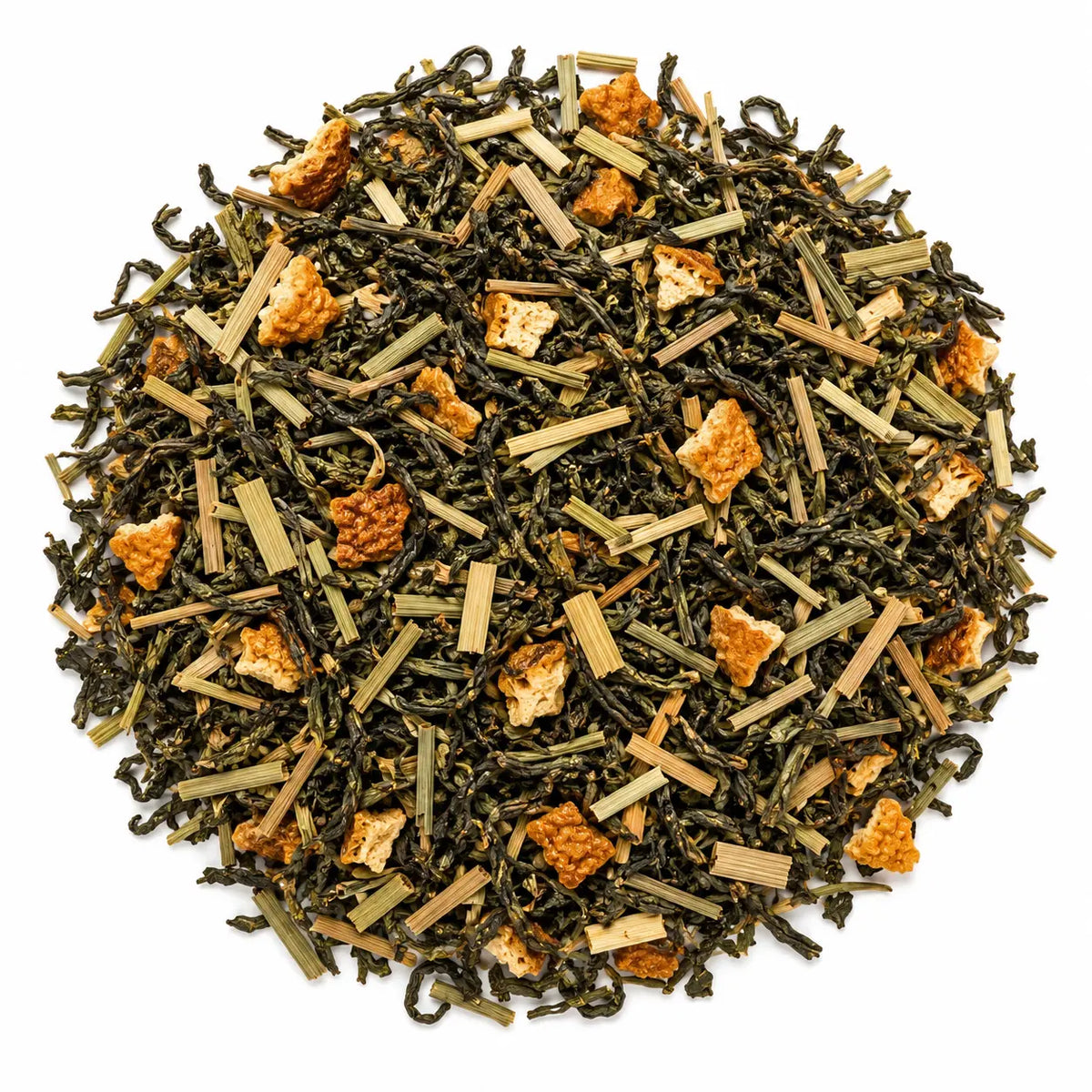 Close-up of Afternoon Push herbal tea featuring green tea, lemongrass, and orange peel on a white background. Moderately caffeinated tea blend for natural afternoon energy and focus.