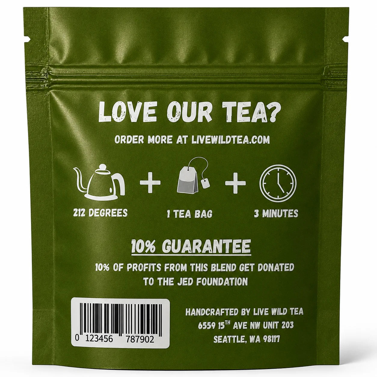 Back of Live Wild Tea Chill Vibes herbal relaxation tea pouch showing brewing instructions, ingredients, and product information.