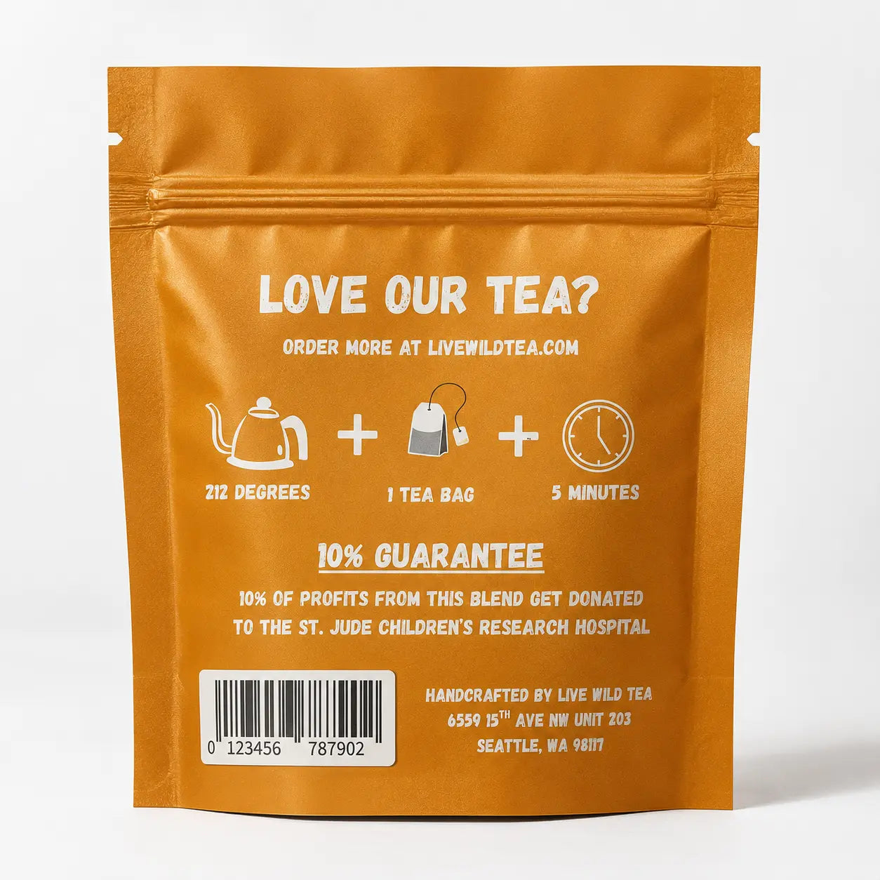 Back of Live Wild Tea Deep Healing herbal wellness tea pouch showing brewing instructions, ingredients, and product information.