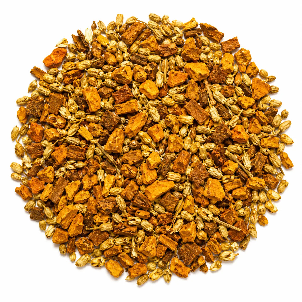 Close-up of Deep Healing herbal tea featuring turmeric root, cinnamon chips, and yarrow flower on a white background. Caffeine-free herbal tea blend for natural recovery and muscle support.