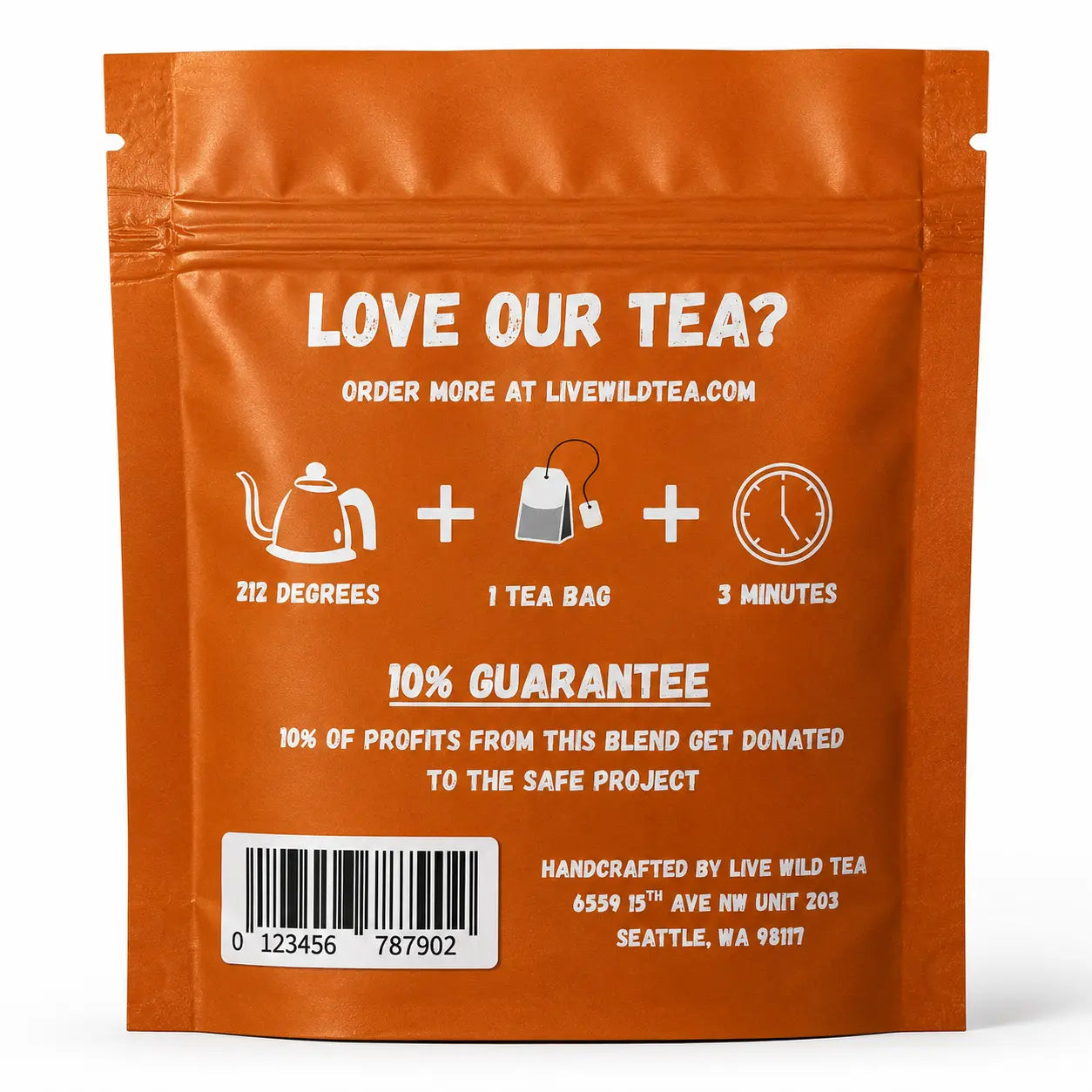 Back of Live Wild Tea Early Riser herbal energy tea pouch showing brewing instructions, ingredients, and product information.