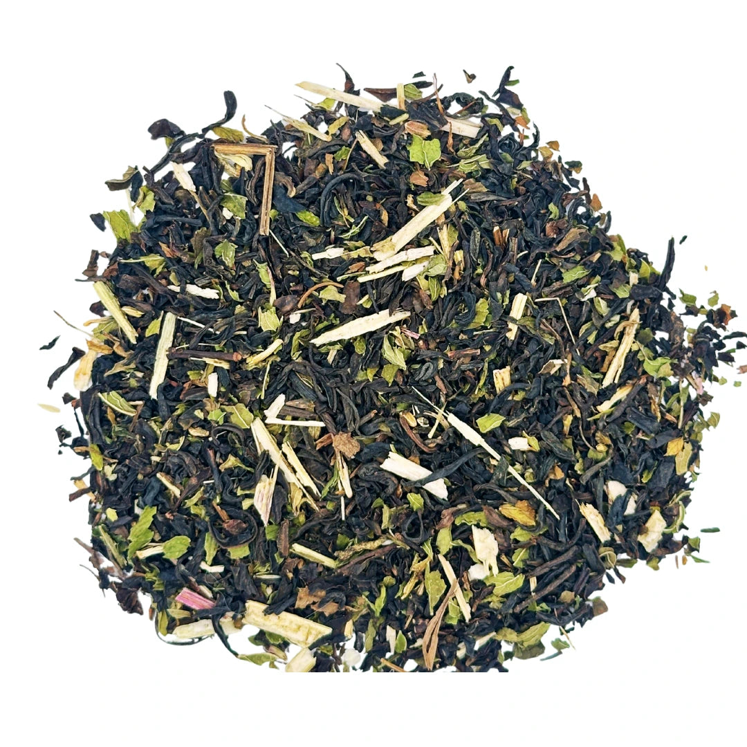 Early Riser herbal energy tea bags made with black tea, spearmint leaf, and echinacea purpurea