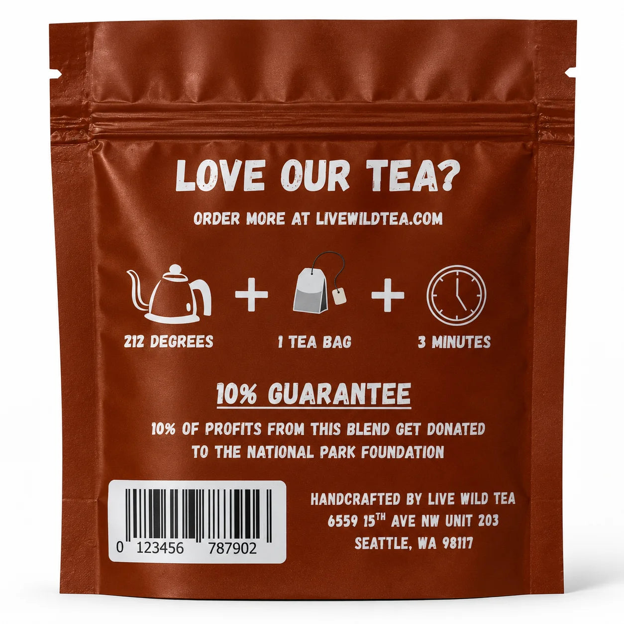 Back of Live Wild Tea Focus Time herbal focus tea pouch showing brewing instructions, ingredients, and product information.