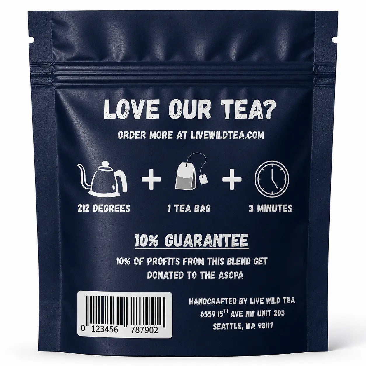 Back of Live Wild Tea Good Night herbal sleep tea pouch showing brewing instructions, ingredients, and product information.