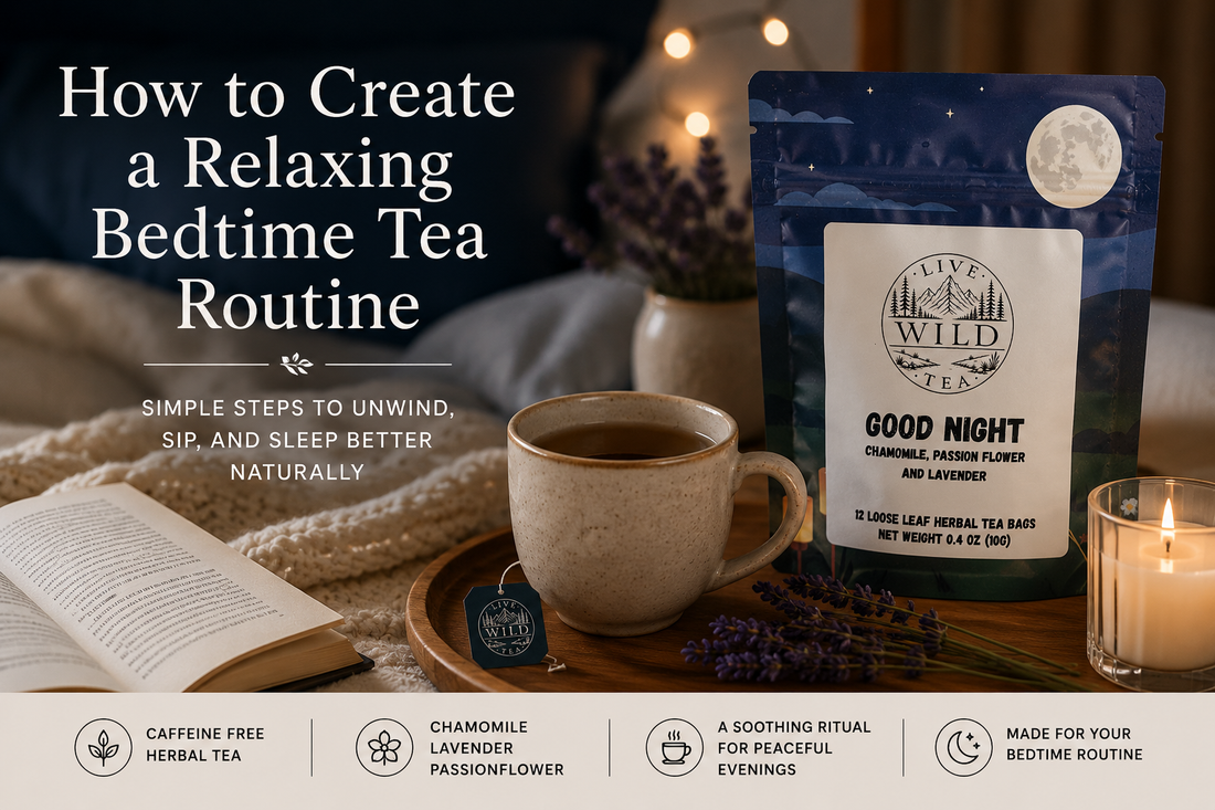 Good Night herbal tea bags beside a warm cup of tea in a cozy bedroom, illustrating a relaxing bedtime tea routine for better sleep.