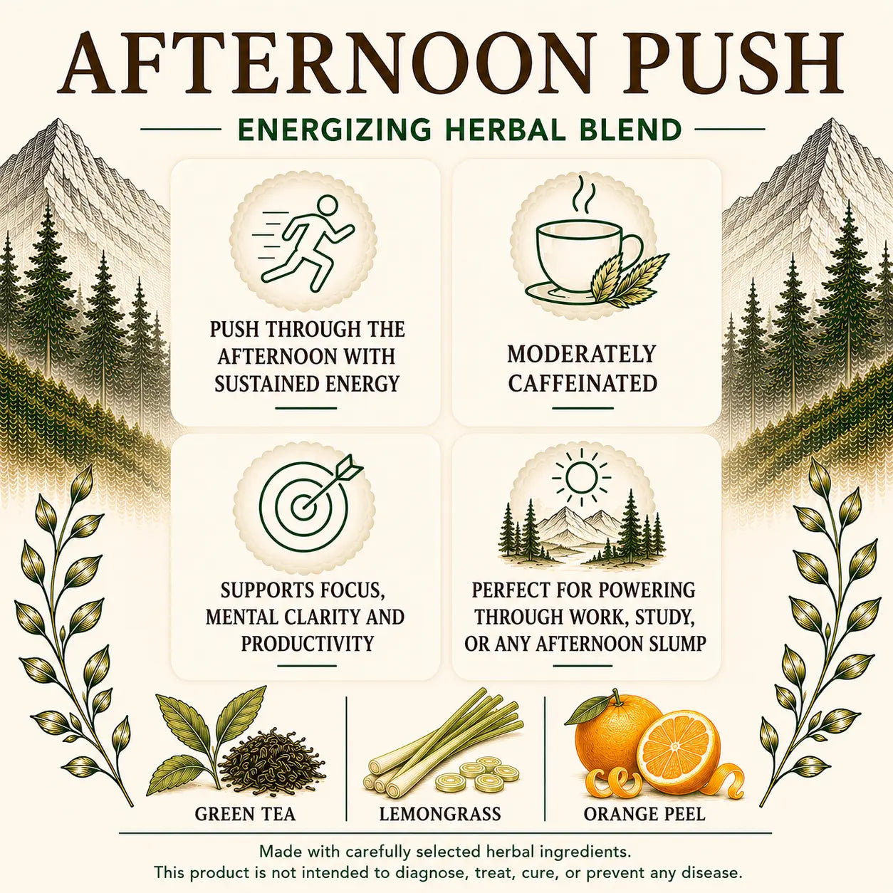 Live Wild Tea Afternoon Push benefits graphic highlighting sustained afternoon energy, moderate caffeine, focus and productivity support, and green tea, lemongrass, and orange peel ingredients.