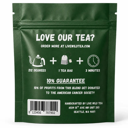 Back of Live Wild Tea Afternoon Push green tea energy blend pouch showing brewing instructions, ingredients, and product information.