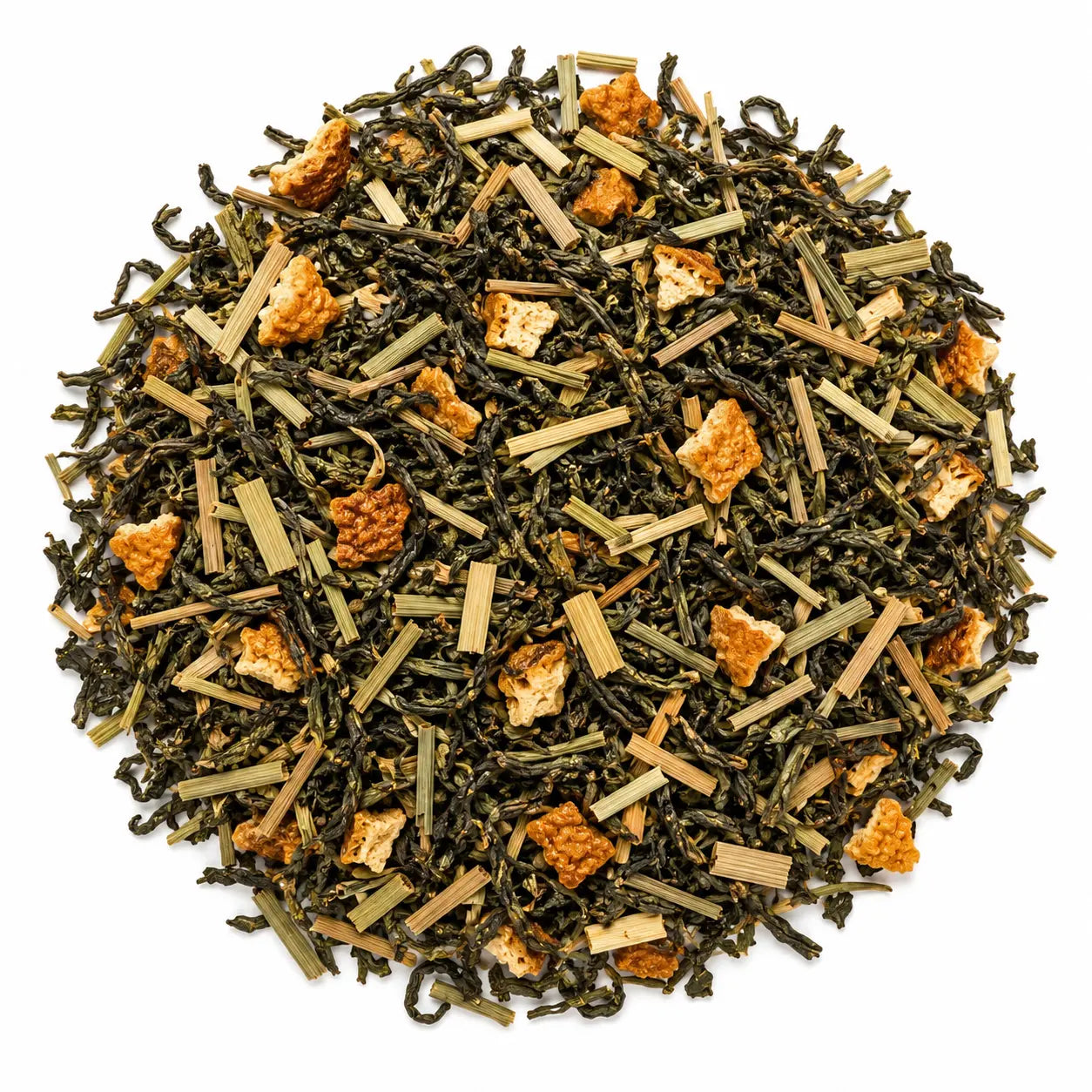 Close-up of Afternoon Push herbal tea featuring green tea, lemongrass, and orange peel on a white background. Moderately caffeinated tea blend for natural afternoon energy and focus.