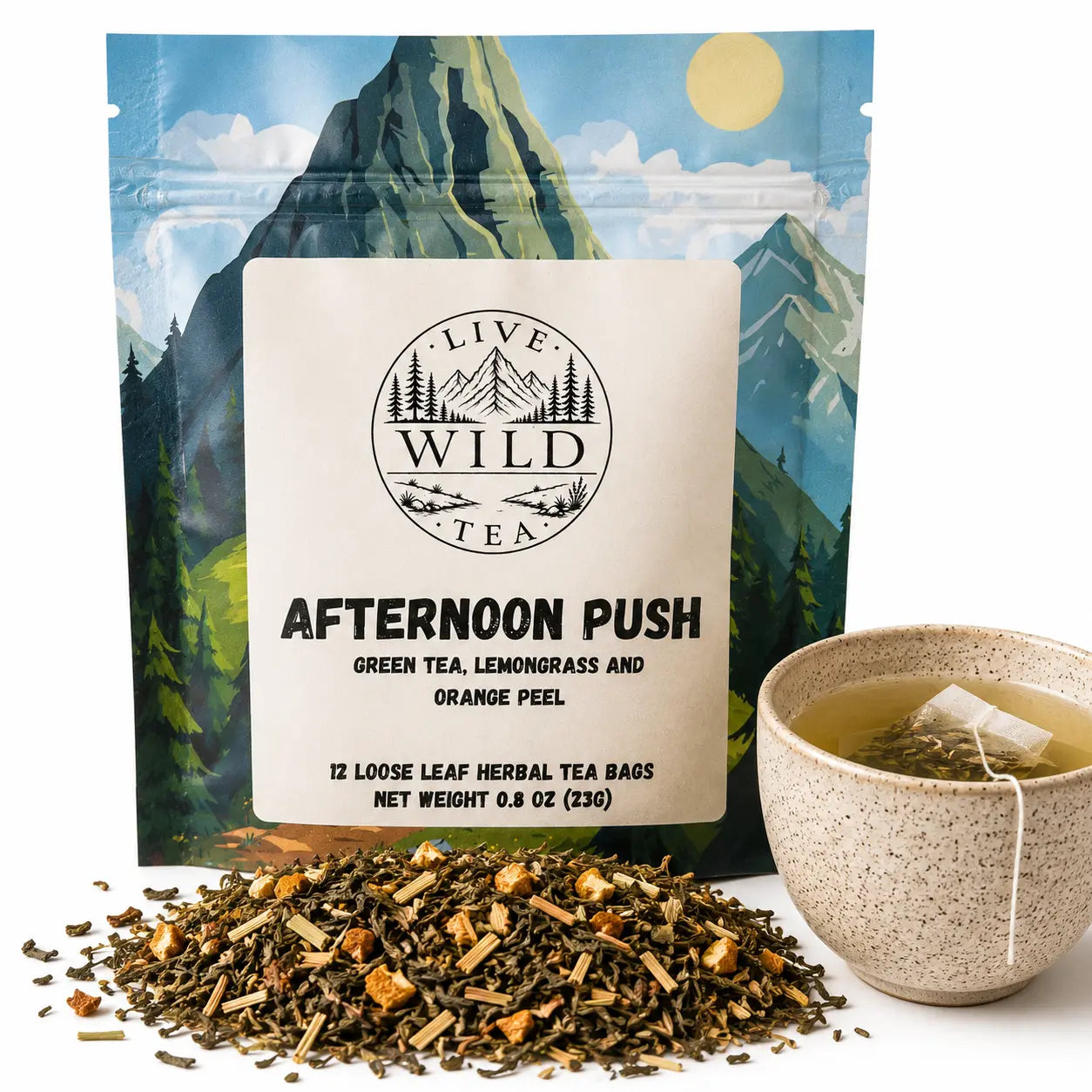 Live Wild Tea Afternoon Push green tea with lemongrass and orange peel beside a cup of brewed tea.
