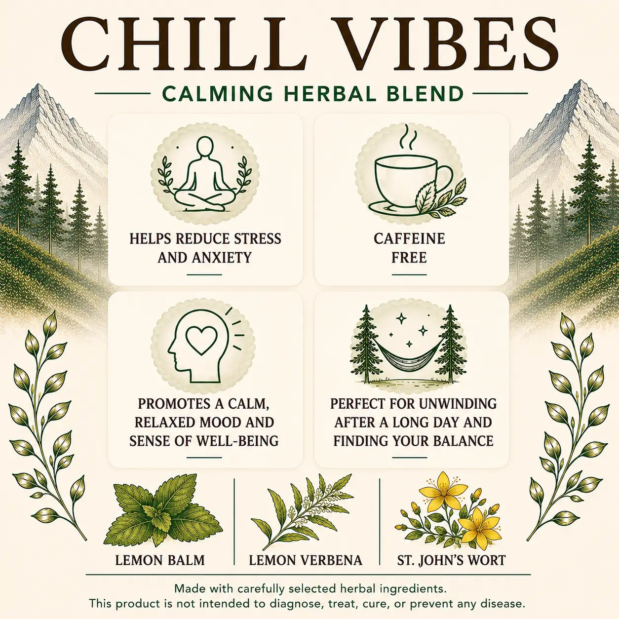 Live Wild Tea Chill Vibes benefits graphic highlighting stress and anxiety support, caffeine-free herbal blend, calming mood support, and lemon balm, lemon verbena, and St. John's wort ingredients.