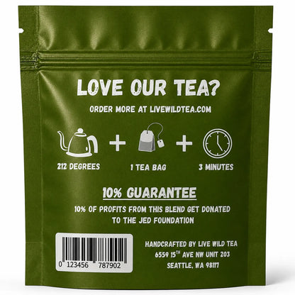 Back of Live Wild Tea Chill Vibes herbal relaxation tea pouch showing brewing instructions, ingredients, and product information.