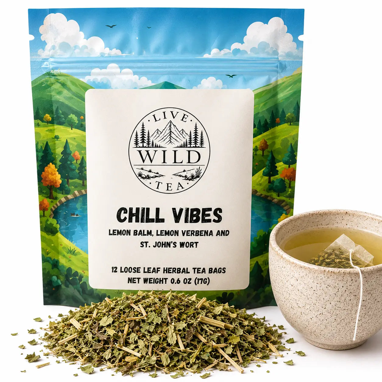 Live Wild Tea Chill Vibes herbal relaxation tea with lemon balm, lemon verbena and St. John's wort beside a cup of brewed tea.