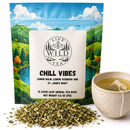 Live Wild Tea Chill Vibes herbal relaxation tea with lemon balm, lemon verbena and St. John's wort beside a cup of brewed tea.