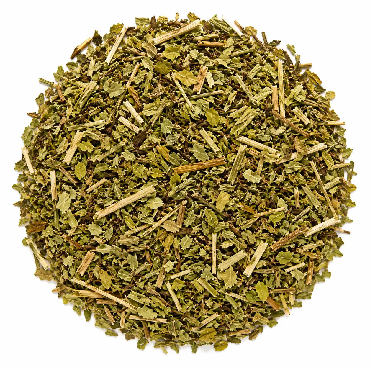 Close-up of Chill Vibes herbal tea featuring lemon balm, lemon verbena, and St. John's wort on a white background. Caffeine-free herbal tea blend for relaxation and stress support.