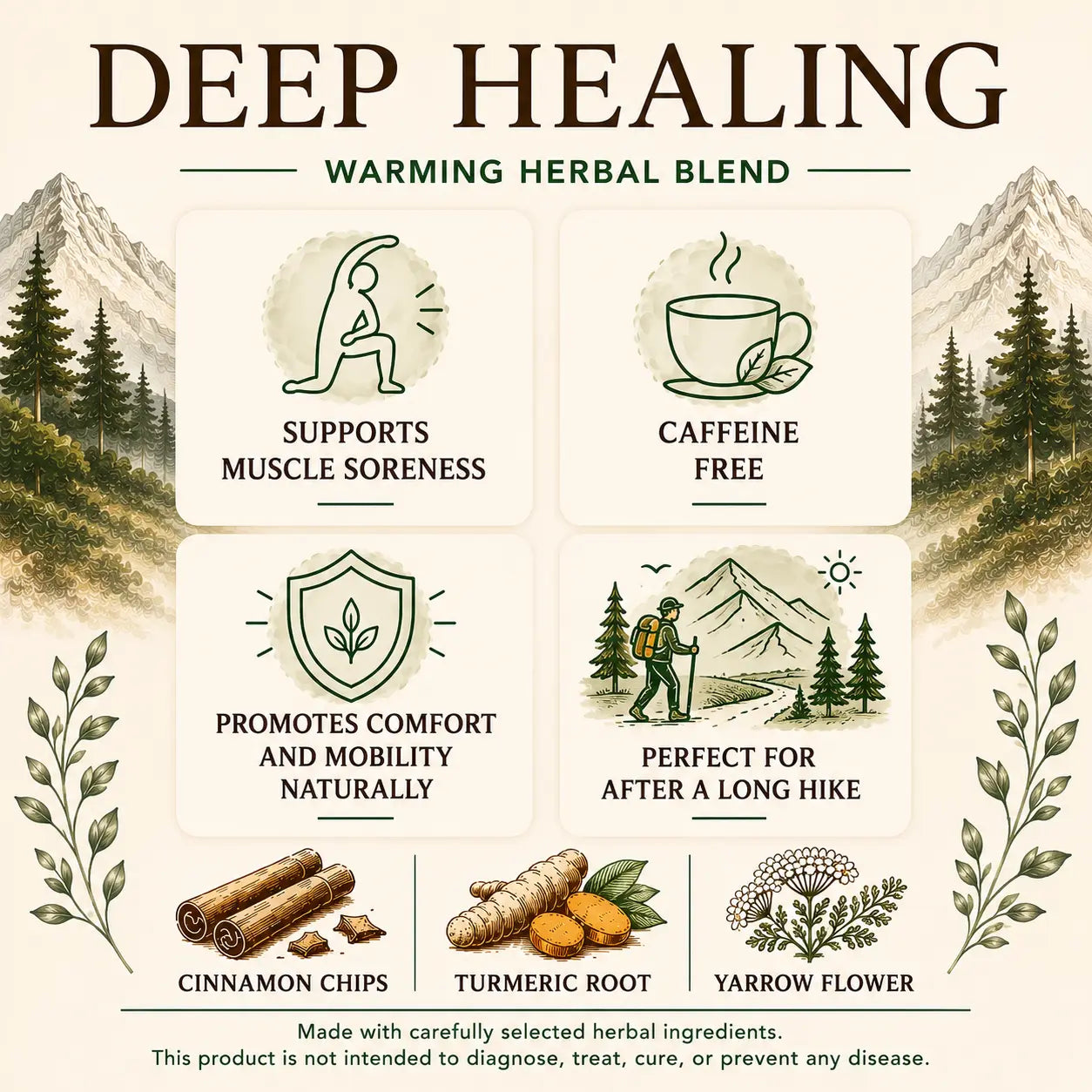 Live Wild Tea Deep Healing benefits graphic highlighting support for muscle soreness, caffeine-free herbal blend, post-hike recovery, and cinnamon, turmeric root, and yarrow flower ingredients.
