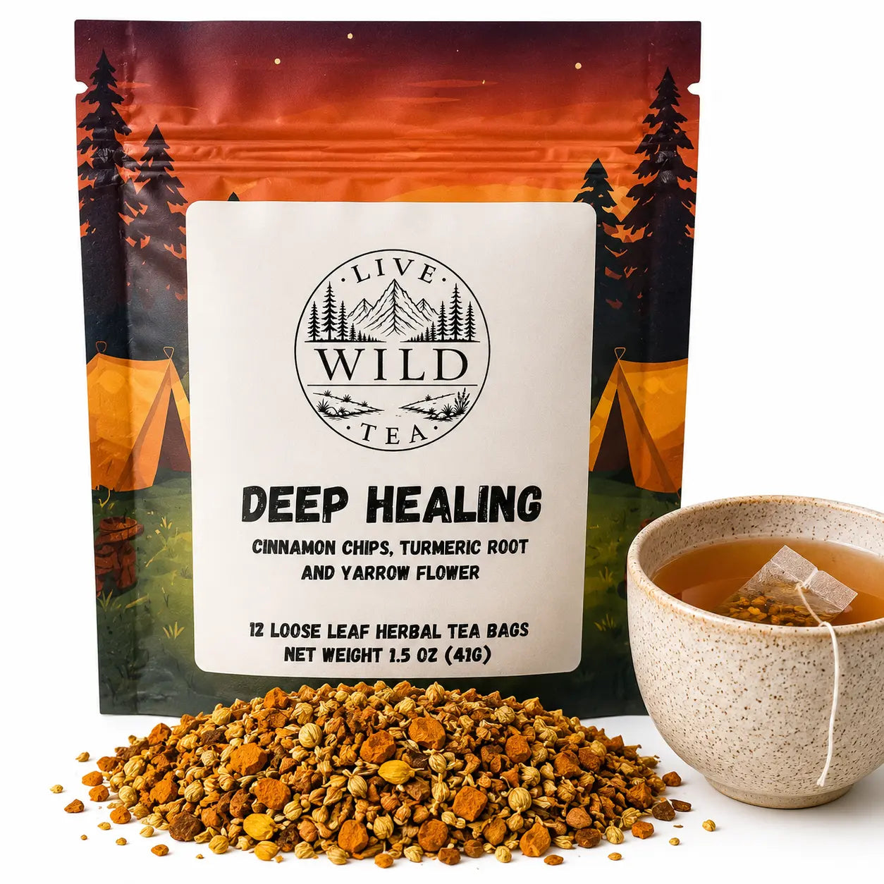 Live Wild Tea Deep Healing herbal turmeric tea with cinnamon, turmeric root and yarrow beside a cup of brewed tea.