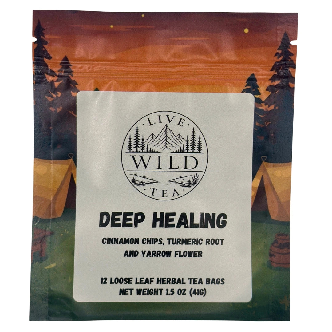 Deep Healing herbal turmeric tea in tea bags with turmeric root, cinnamon chips, and yarrow flower