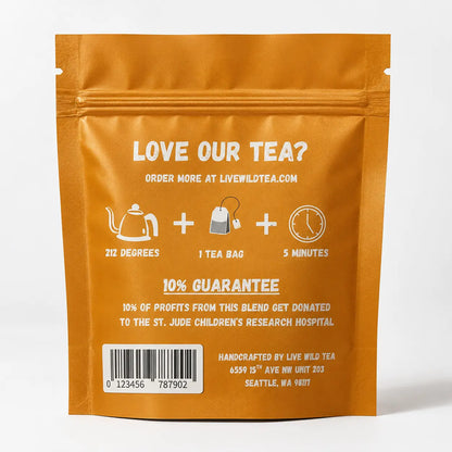 Back of Live Wild Tea Deep Healing herbal wellness tea pouch showing brewing instructions, ingredients, and product information.
