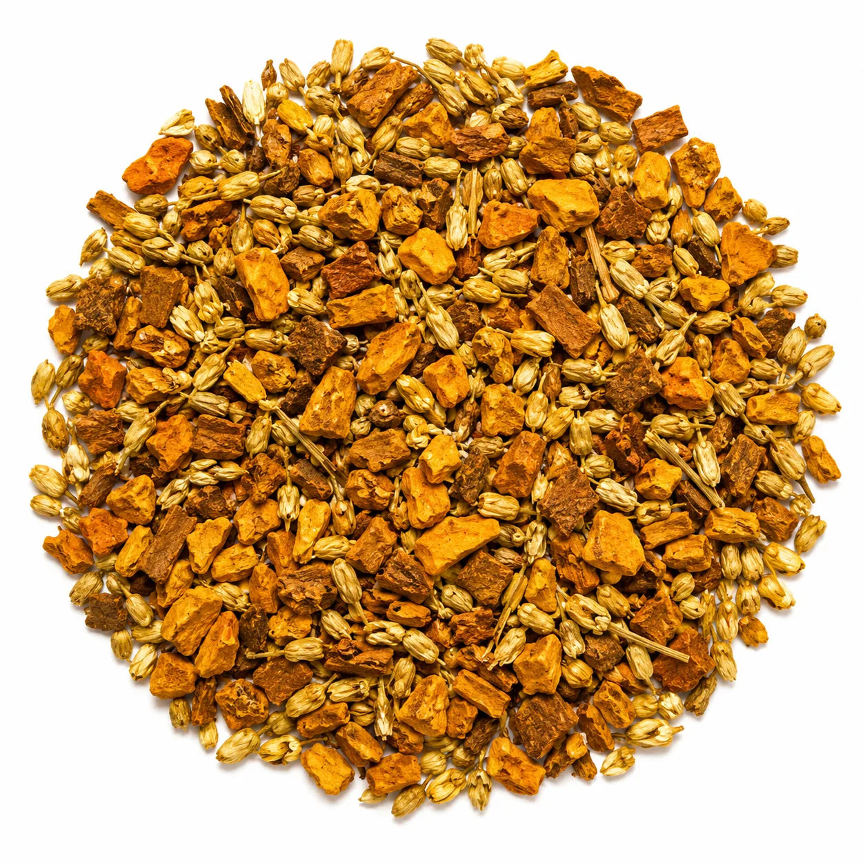 Close-up of Deep Healing herbal tea featuring turmeric root, cinnamon chips, and yarrow flower on a white background. Caffeine-free herbal tea blend for natural recovery and muscle support.