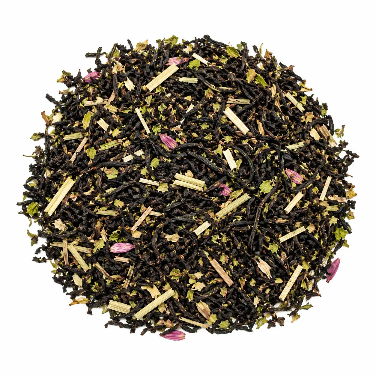 Close-up of Early Riser herbal tea featuring black tea, spearmint, and echinacea on a white background. Moderately caffeinated tea blend for natural morning energy and focus.