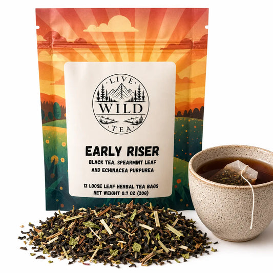Live Wild Tea Early Riser herbal energy tea with black tea, spearmint and echinacea beside a cup of brewed tea.