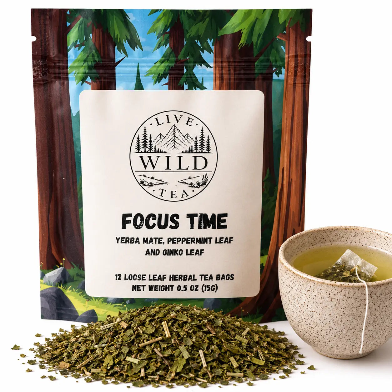 Live Wild Tea Focus Time herbal focus tea with yerba mate, peppermint and ginkgo beside a cup of brewed tea.
