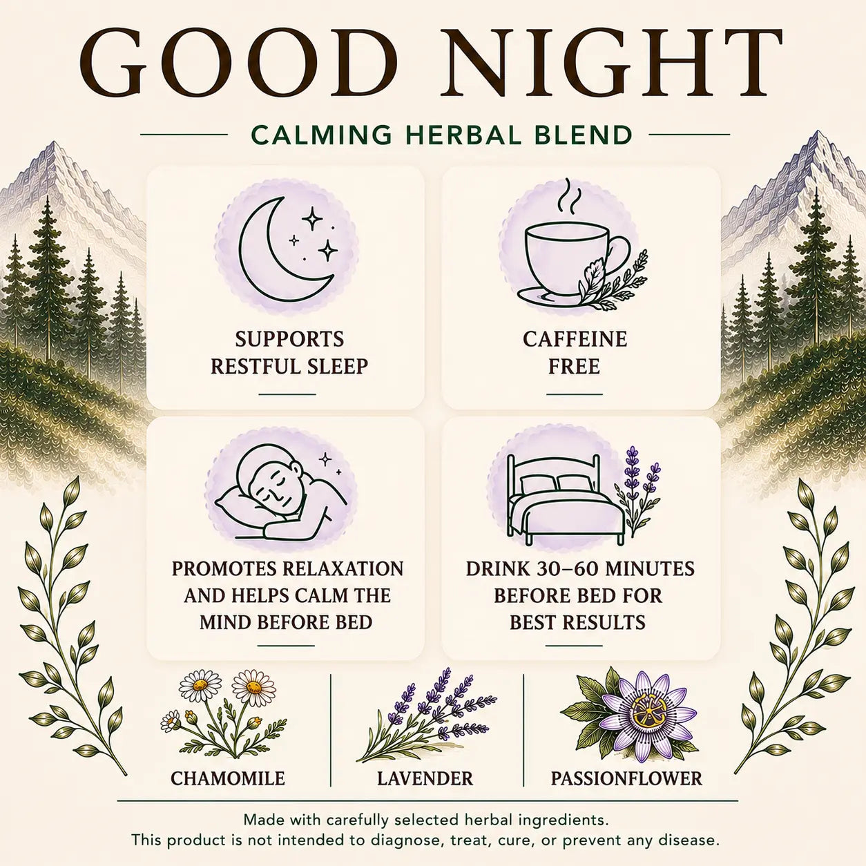 Live Wild Tea Good Night benefits graphic highlighting a relaxing evening blend, caffeine free formula, chamomile, lavender and passionflower.