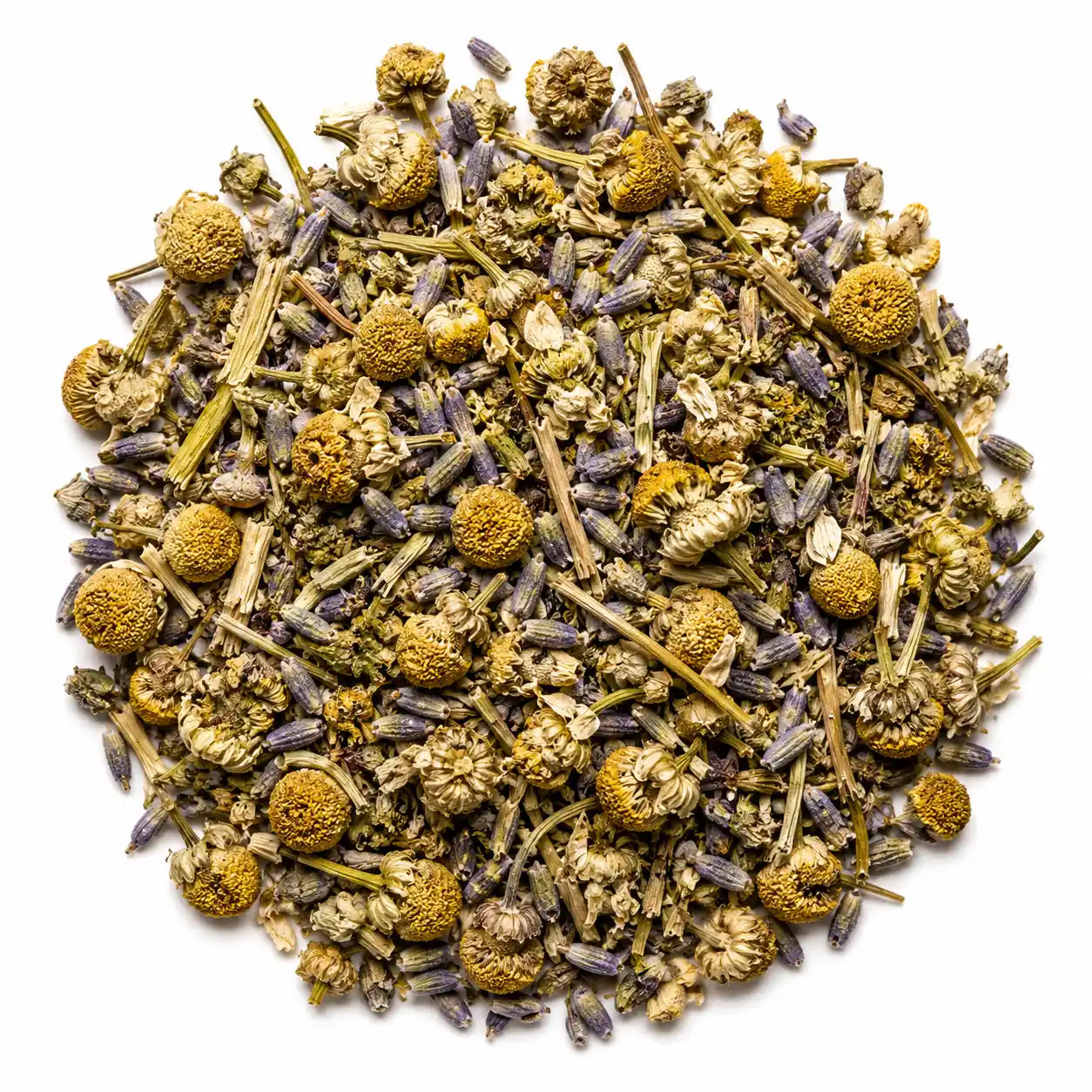 Close-up of Good Night herbal tea featuring chamomile, lavender, and passionflower on a white background. Caffeine-free herbal tea blend for relaxation and restful sleep.